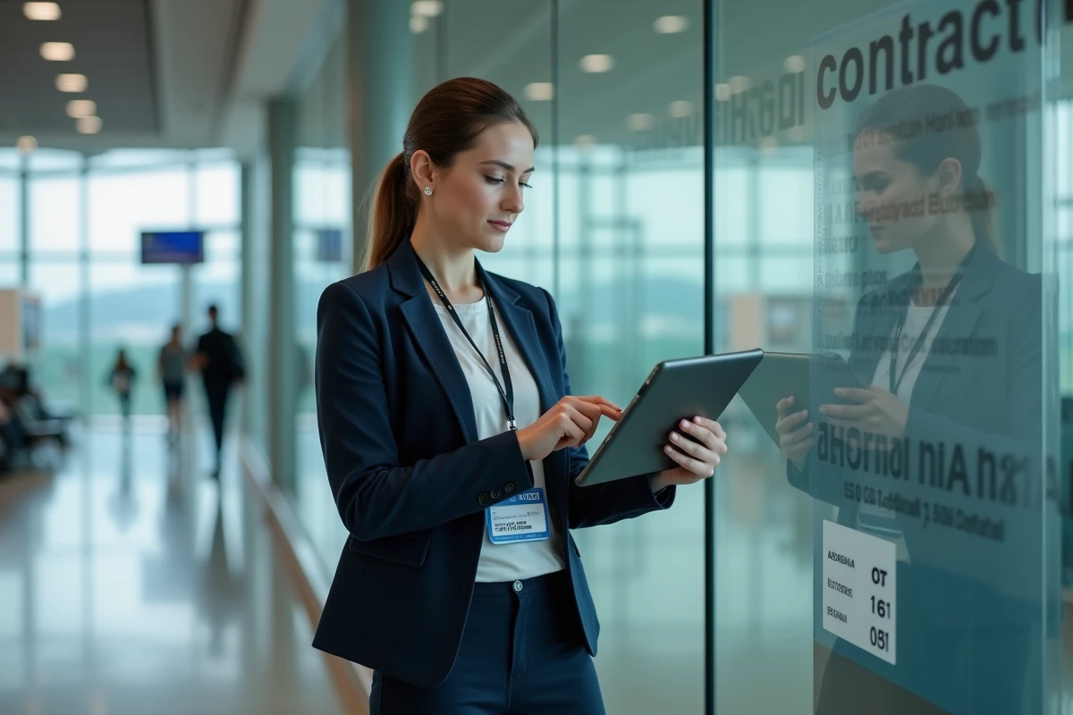 Prestataire Air France consultant ses informations de contrat sur une tablette dans un couloir administratif d'aéroport