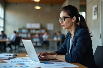 Professionnelle analysant des tableaux de bord numériques dans un bureau moderne, illustrant l'impact des outils technologiques sur les métiers