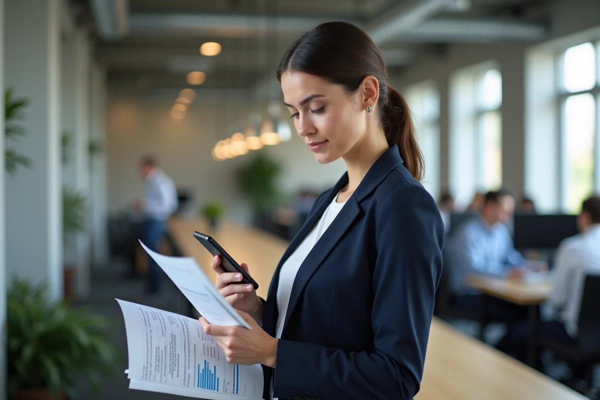 Jeune professionnelle debout dans un espace de coworking consultant les horaires Urssaf sur son smartphone