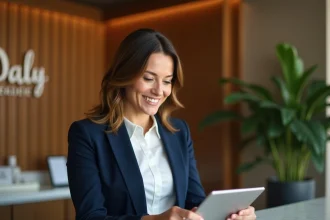 Professionnelle souriante consultant une tablette à la réception d'un spa partenaire Smartbox mon Compte