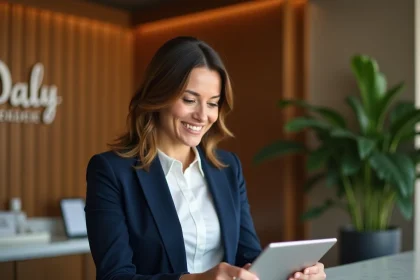 Professionnelle souriante consultant une tablette à la réception d'un spa partenaire Smartbox mon Compte