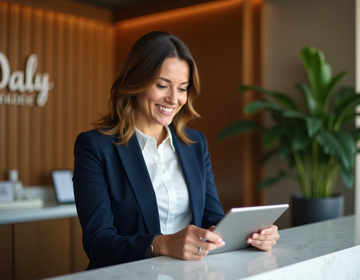 Professionnelle souriante consultant une tablette à la réception d'un spa partenaire Smartbox mon Compte