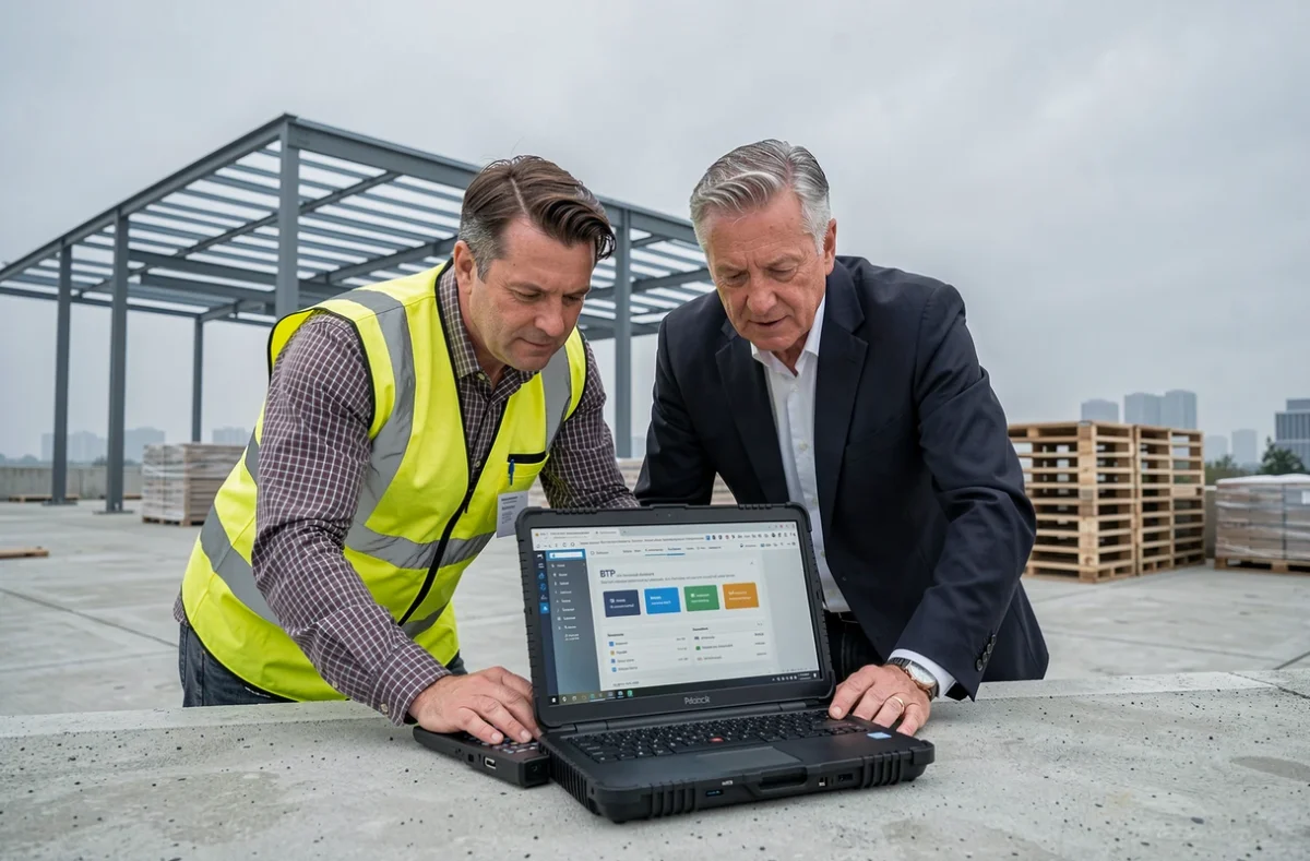 Deux professionnels du BTP comparant des logiciels de gestion sur un chantier de construction