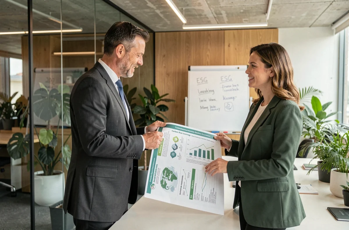 Deux professionnels discutant d'un rapport RSE sur les garanties d'assurance face aux risques climatiques dans un bureau contemporain