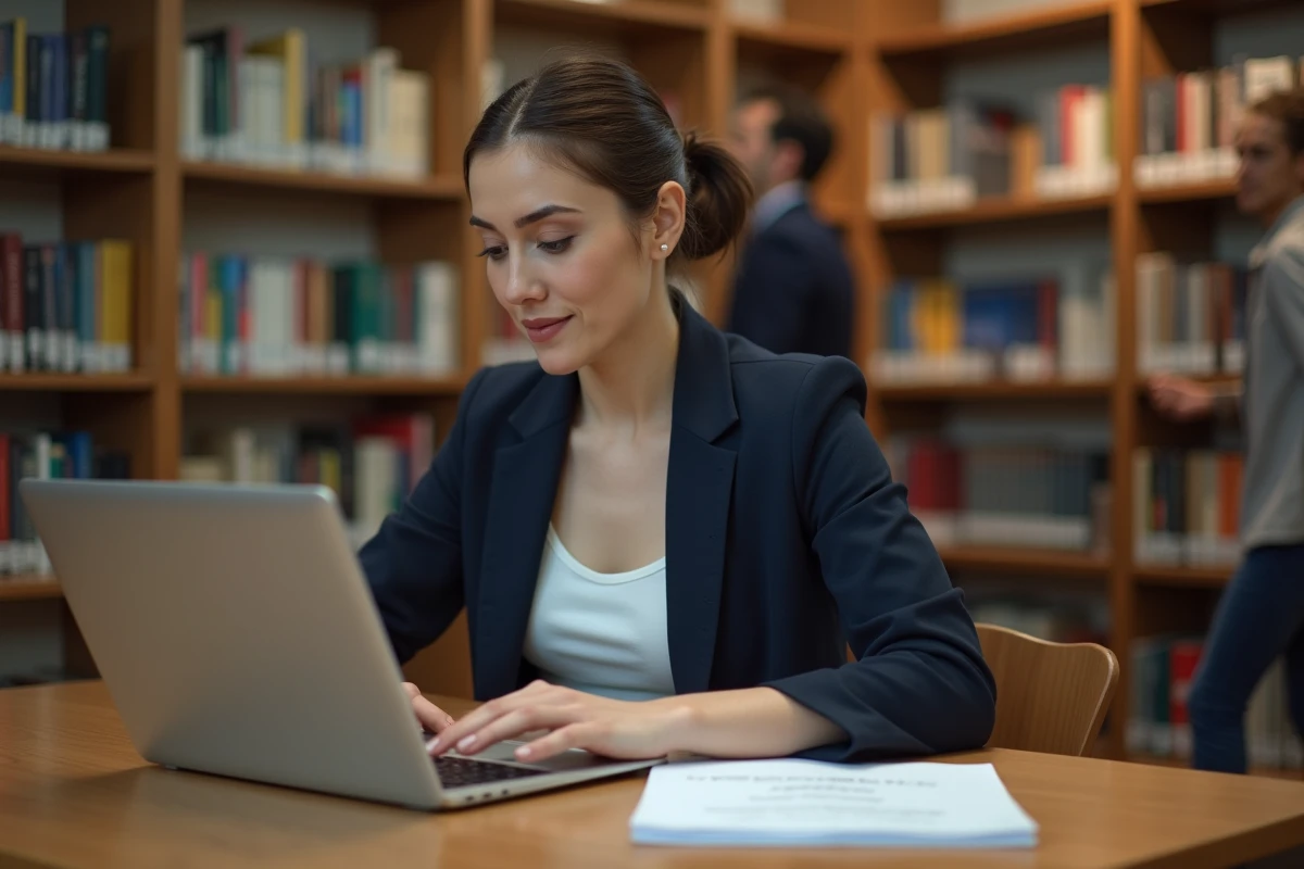 Femme récupérant ses bulletins de paie en ligne sur un ordinateur portable dans une bibliothèque