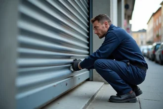 Technicien spécialisé inspectant un rideau métallique industriel sur une façade commerciale à Massy
