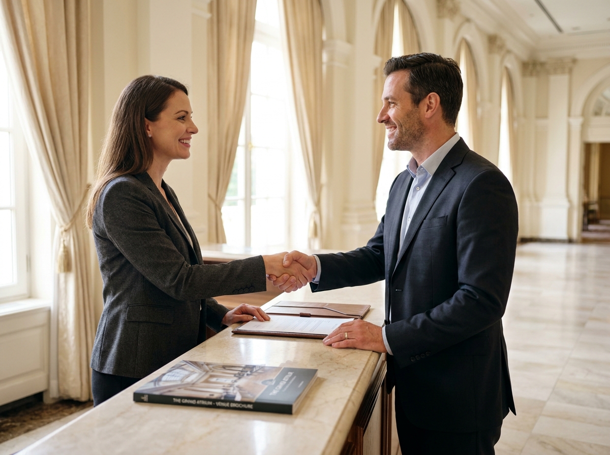 Une organisatrice signe un accord de réservation de lieu avec un responsable de salle lors d'une visite préalable, illustrant l'importance de verrouiller l'espace au moins huit semaines avant le cocktail.