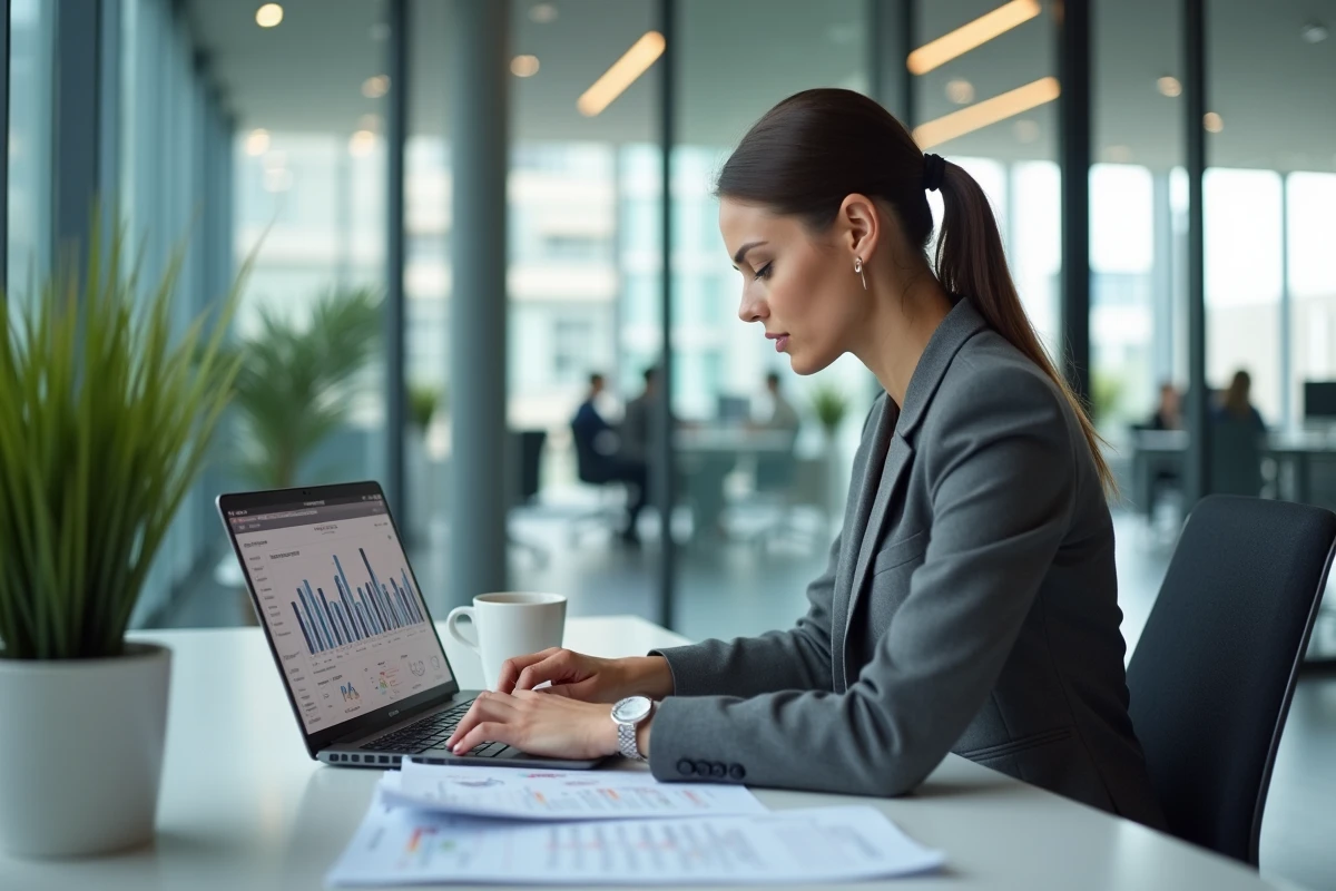 Responsable achats analysant les avantages financiers d'un programme de fidélité fournisseur dans un bureau professionnel moderne