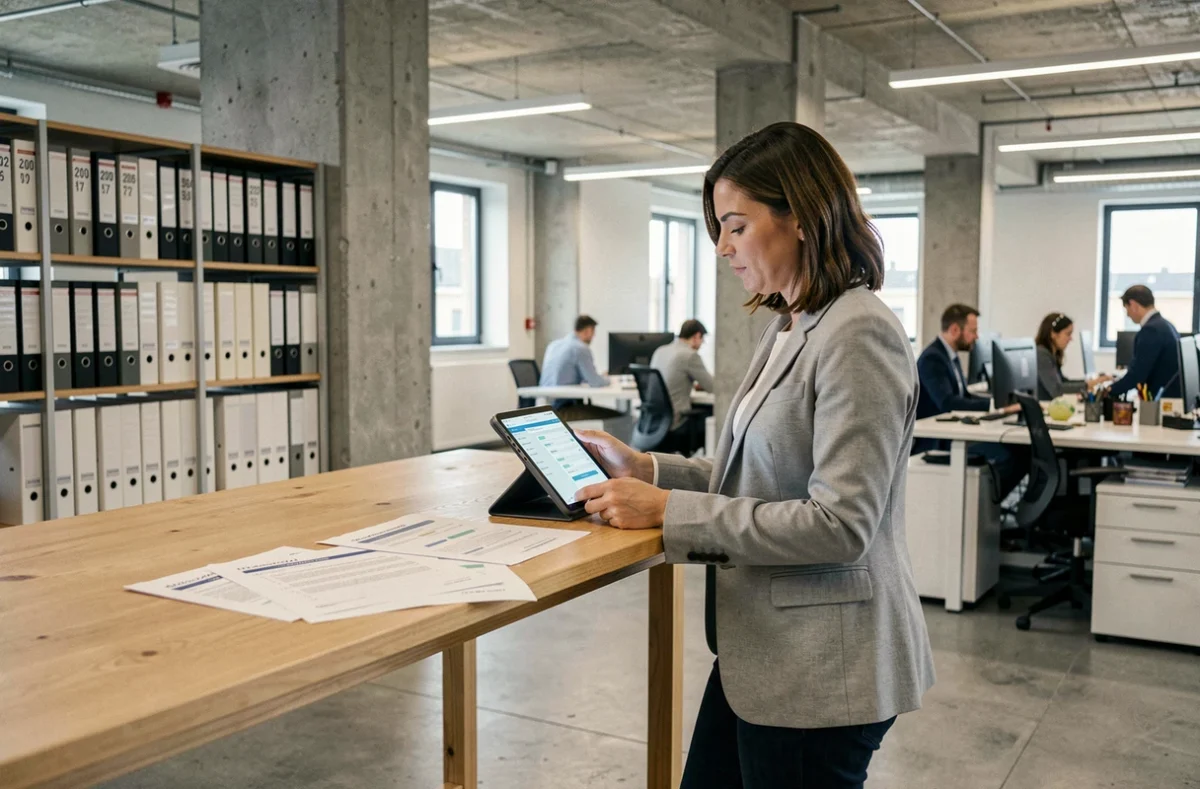 Responsable administrative dans une entreprise BTP évaluant un logiciel de gestion sur tablette