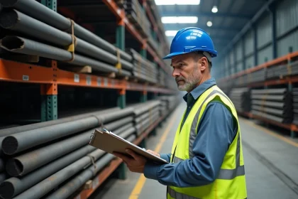 Responsable des approvisionnements inspectant des stocks de fer en barres dans un entrepôt de distribution industrielle