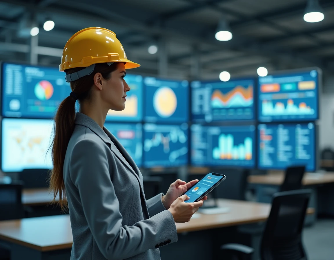 Responsable opérationnelle comparant des solutions GMAO mobiles sur tablette dans une salle de contrôle industrielle