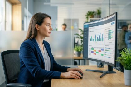 Responsable de formation utilisant un logiciel de gestion des formations professionnelles sur un écran courbe dans un bureau moderne