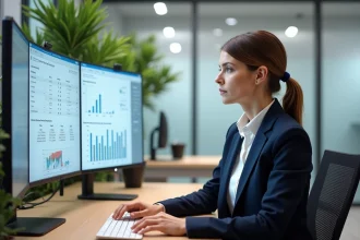 Responsable RH analysant un logiciel de gestion des ressources humaines sur un grand écran dans un bureau moderne