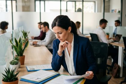 Responsable RH organisant des dossiers de candidats dans un espace de travail moderne et structuré