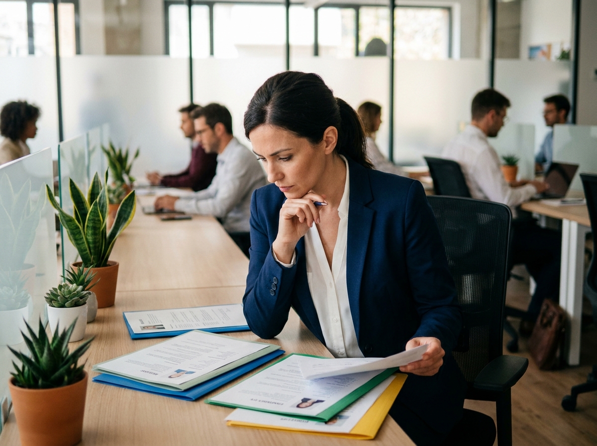 Responsable RH organisant des dossiers de candidats dans un espace de travail moderne et structuré