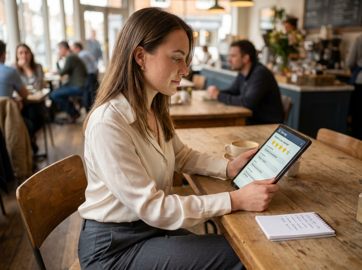 Une professionnelle consulte les retours participants d'un cocktail d'entreprise sur sa tablette via un formulaire de feedback en ligne, dans les 48 heures suivant l'événement.