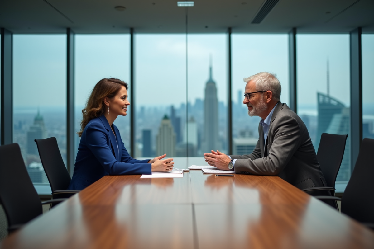 Deux professionnels en réunion dans une salle moderne