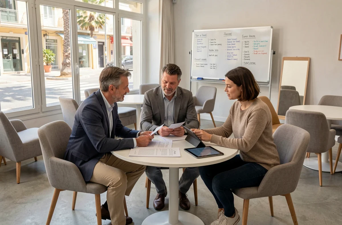 Groupe de professionnels en réunion collaborative dans un espace de coworking à Antibes