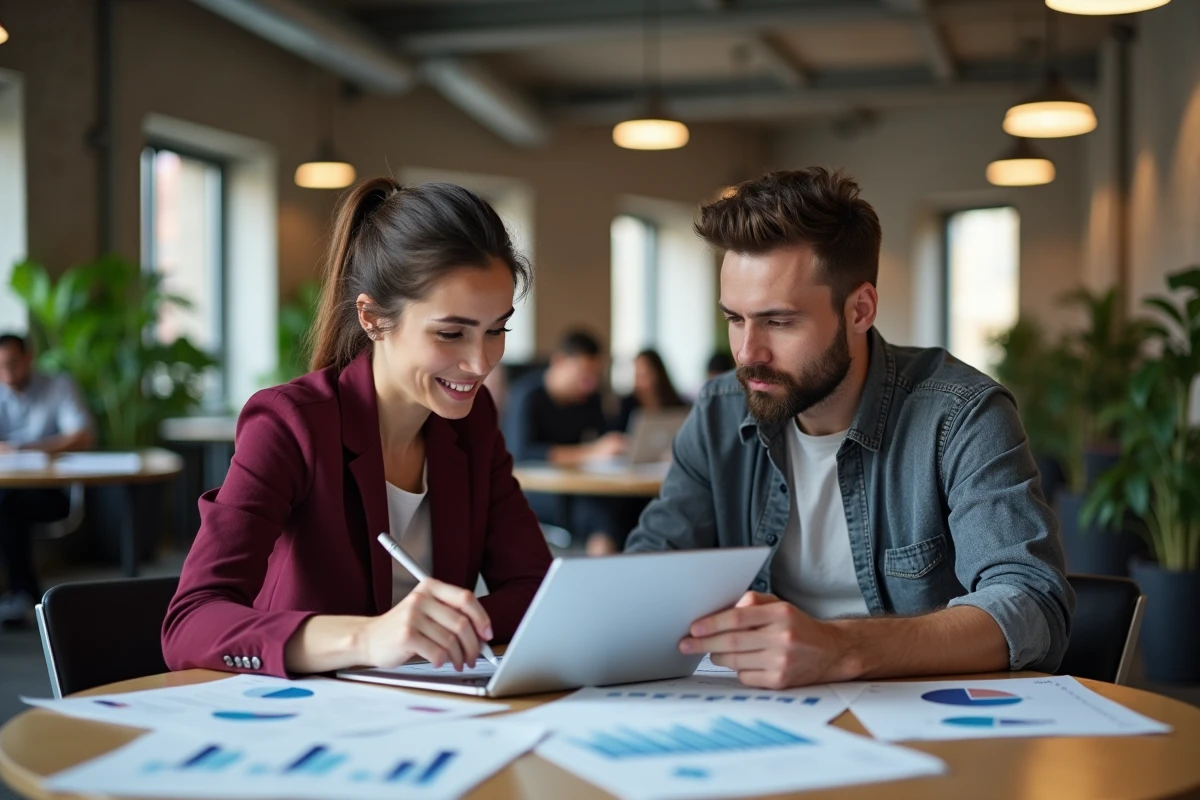 Réunion entre commercial sédentaire et commercial terrain autour d'un rapport de vente dans un espace de coworking moderne