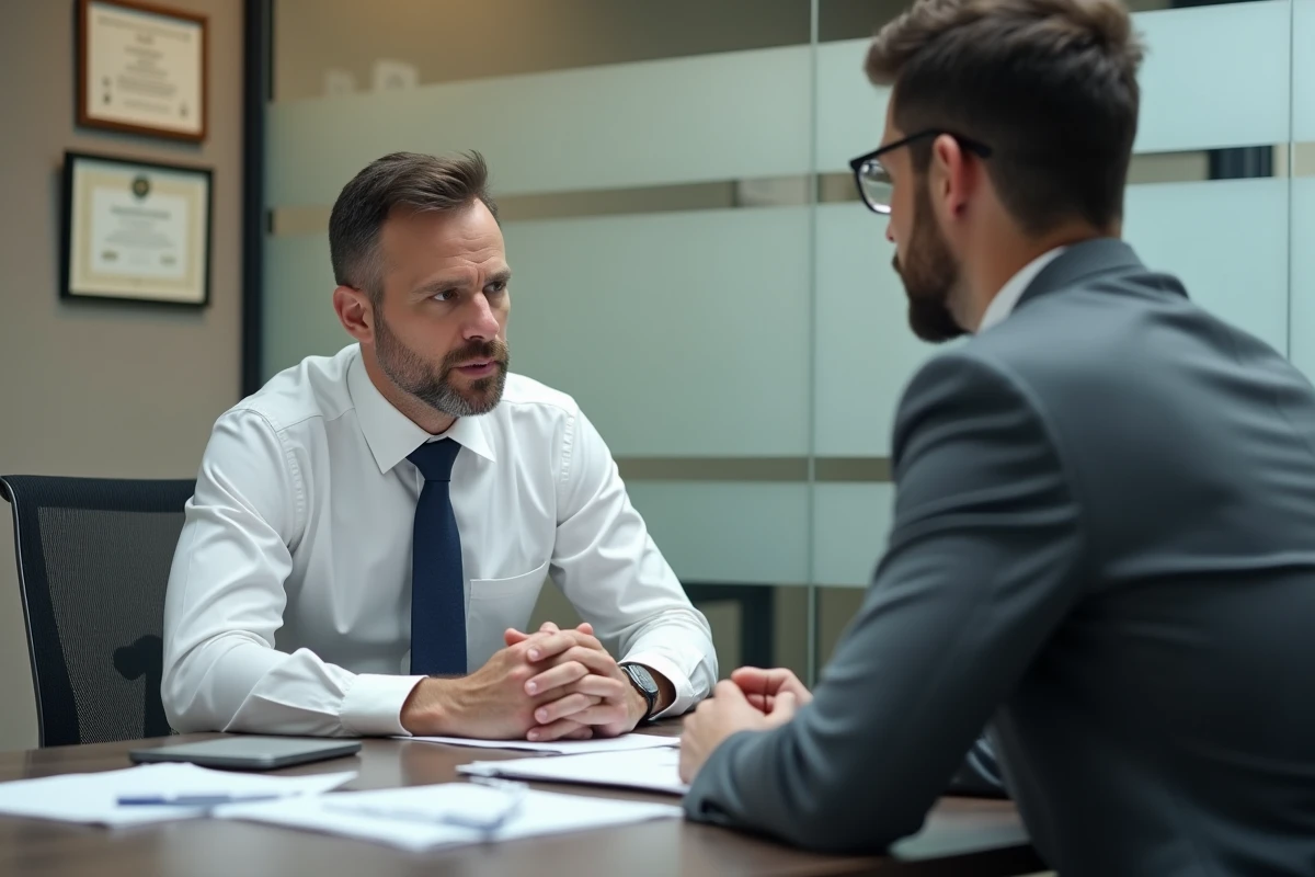Réunion disciplinaire entre un responsable RH et un employé dans un bureau d'entreprise, illustrant une procédure de faute grave au travail