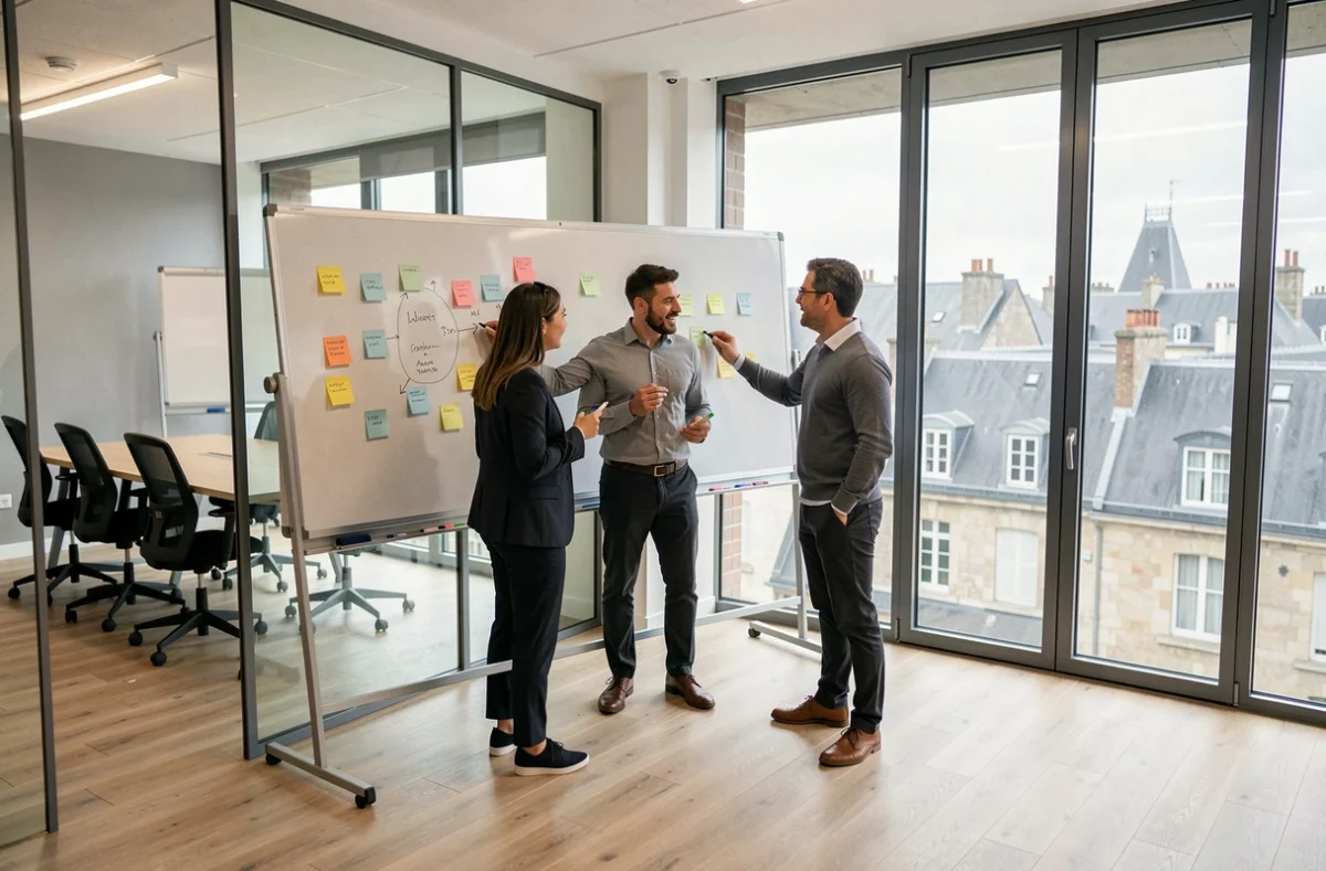 Équipe en réunion collaborative dans une salle de coworking vitrée avec vue sur Rouen
