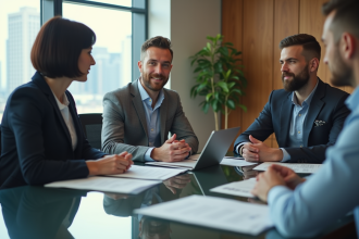 Trois professionnels en réunion dans un bureau moderne