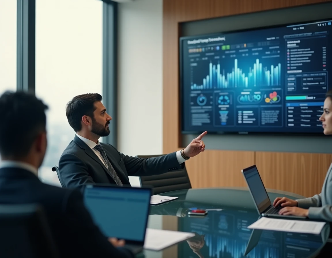 Dirigeant en réunion stratégique présentant des tableaux de bord digitaux à son équipe dans une salle de conférence moderne