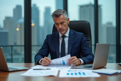 Cadre dirigeant analysant des documents de gestion des risques financiers en salle de réunion d'entreprise