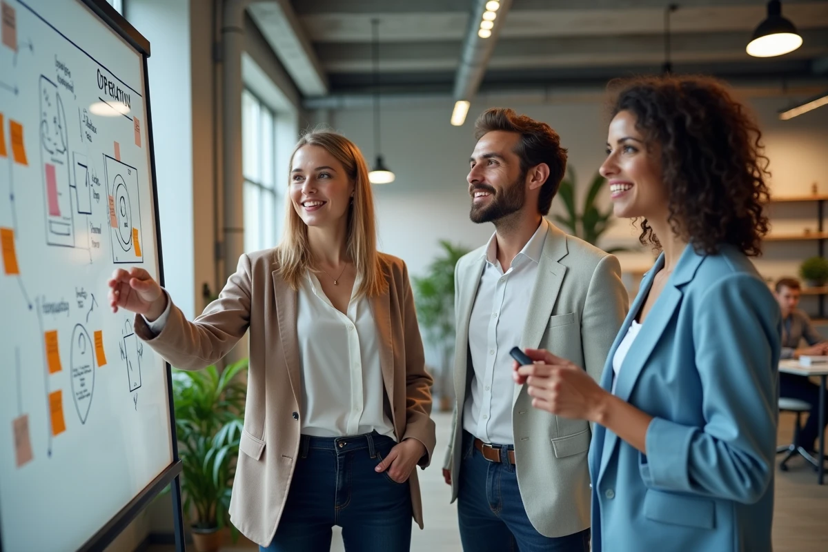 Équipe professionnelle discutant des risques opérationnels autour d'un tableau blanc en bureau moderne