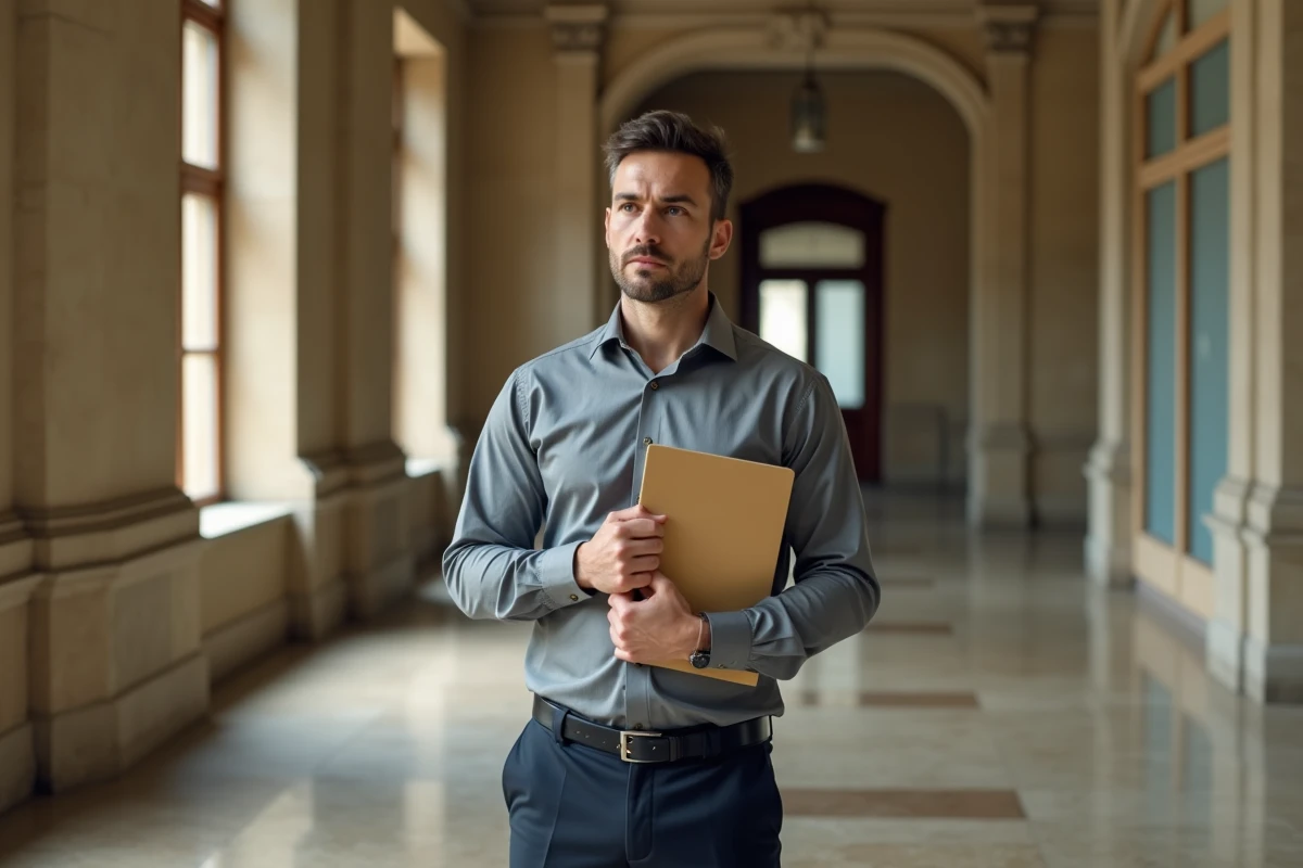 Un salarié licencié pour faute grave attend dans le couloir du tribunal avant son audience devant le conseil de prud'hommes