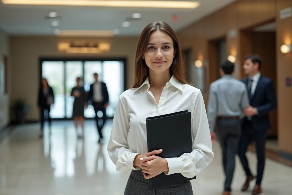 Jeune femme en blouse blanche dans le lobby d un immeuble