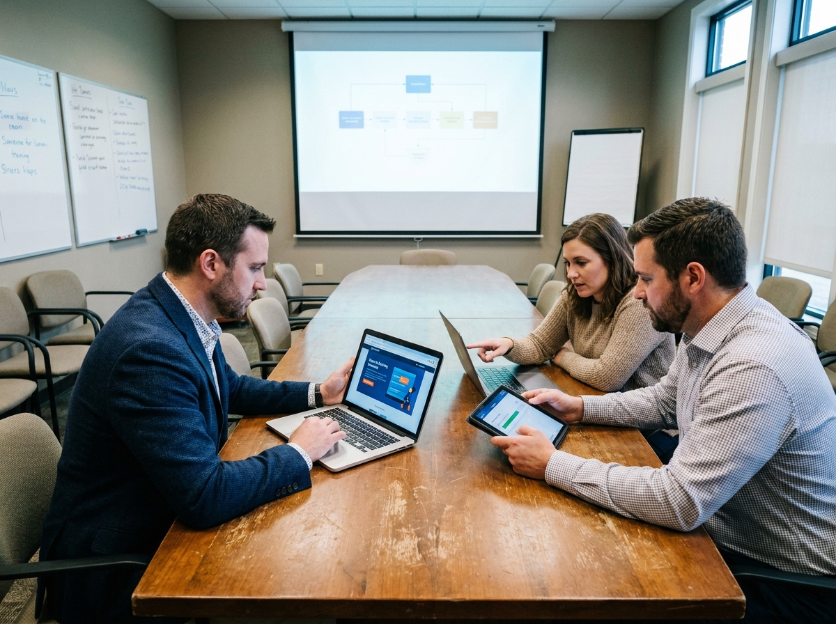 Groupe de professionnels participant à une session de formation numérique autour d'une table de conférence avec tablettes et ordinateurs portables