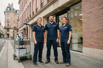 Équipe professionnelle de nettoyage en uniforme devant un immeuble de bureaux moderne à Toulouse, Haute-Garonne