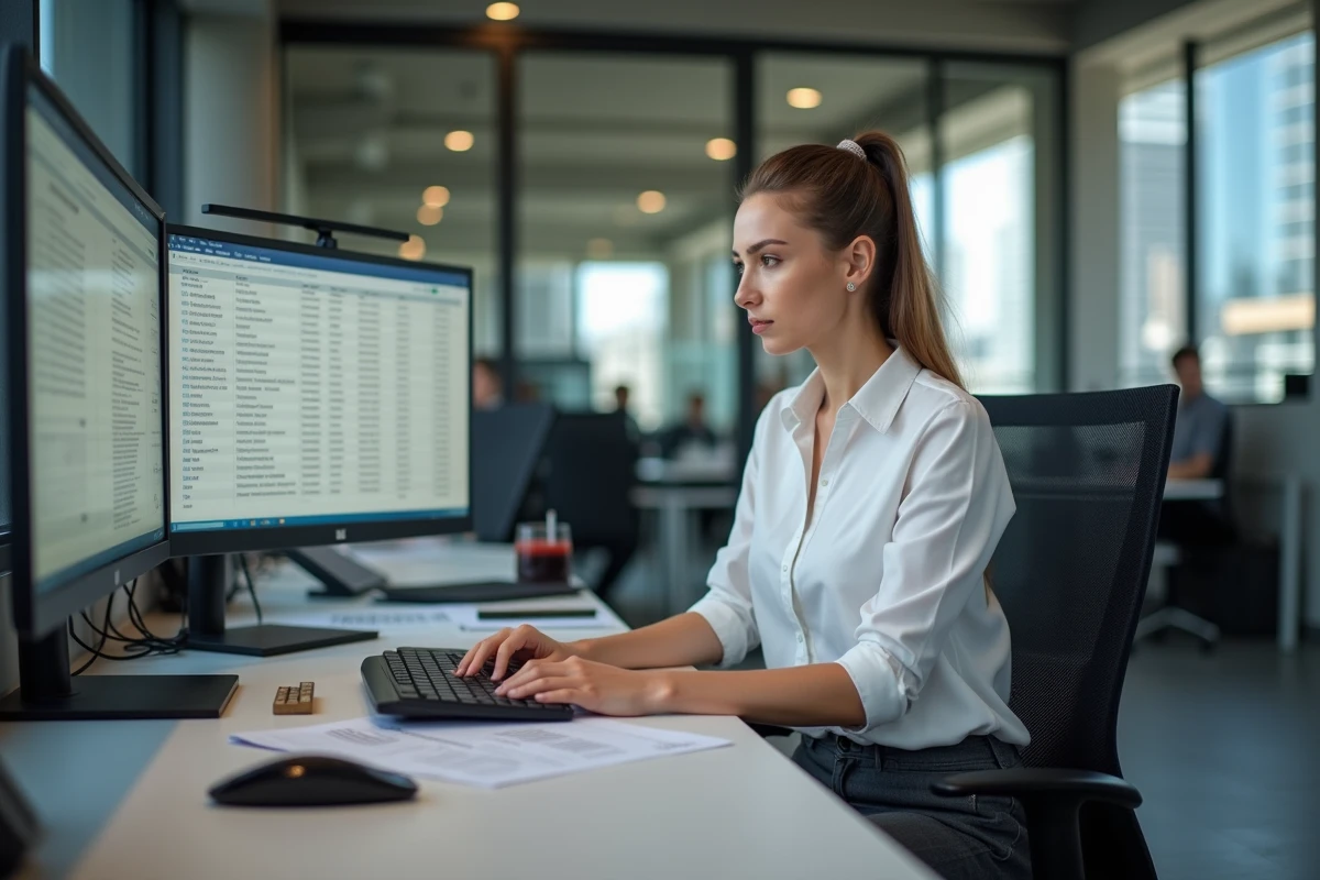 Spécialiste en chaîne d'approvisionnement analysant des contrats fournisseurs de fer et d'acier dans un bureau moderne