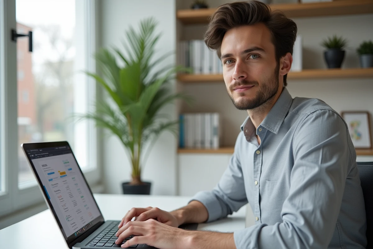 Spécialiste RH consultant un comparatif de logiciels RH en télétravail depuis son bureau à domicile
