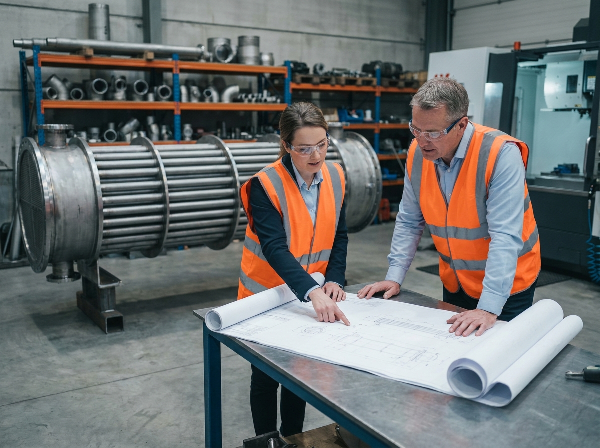 Deux ingénieurs spécialistes des échangeurs thermiques analysant des plans techniques dans un atelier industriel