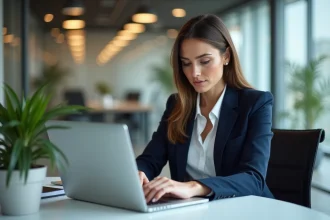 Professionnelle analysant une stratégie digitale sur un ordinateur portable dans un bureau moderne
