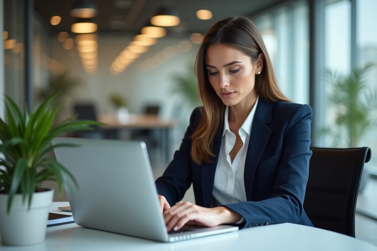 Professionnelle analysant une stratégie digitale sur un ordinateur portable dans un bureau moderne