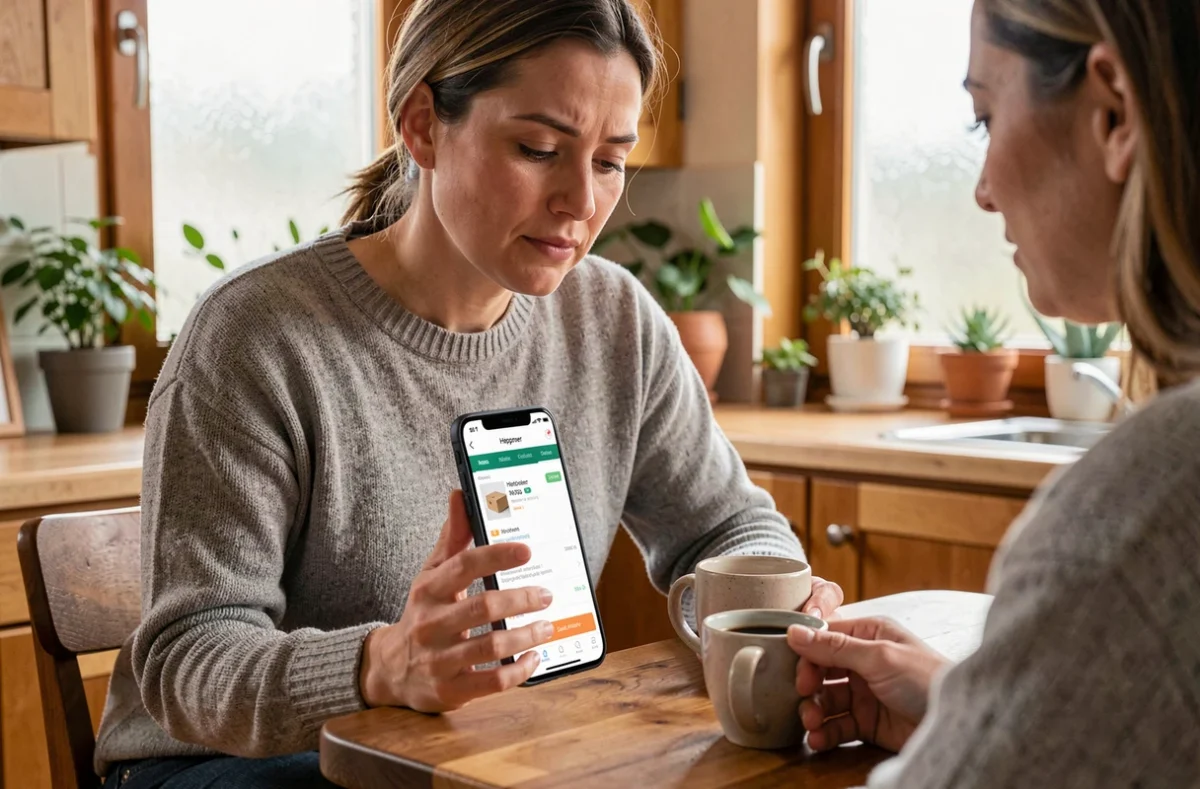 Femme consultant le suivi de colis Heppner sur son smartphone depuis sa cuisine