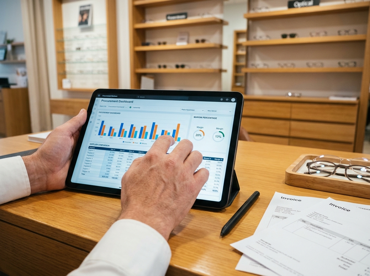 Opticien consultant un tableau de bord d'achats sur tablette pour optimiser les marges commerciales