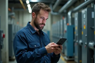 Technicien de maintenance utilisant une application GMAO mobile sur smartphone devant un équipement industriel