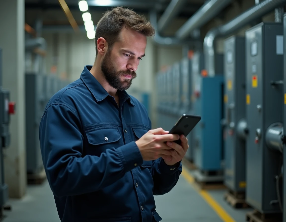 Technicien de maintenance utilisant une application GMAO mobile sur smartphone devant un équipement industriel