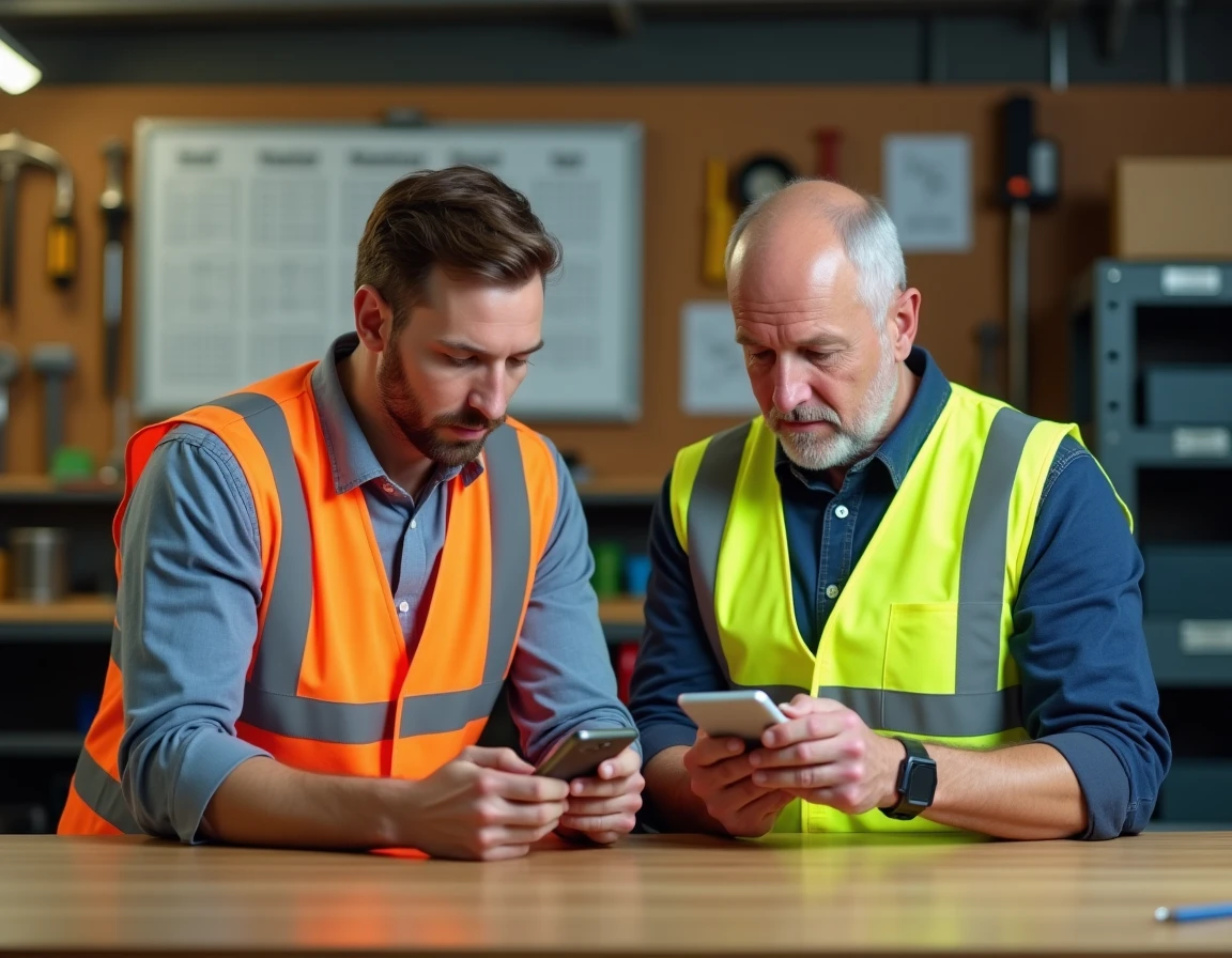Deux techniciens comparant des applications GMAO mobiles sur smartphones dans un atelier de maintenance