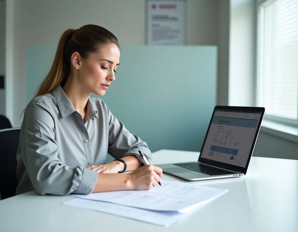 Candidate passant un test de recrutement logistique sur papier et ordinateur dans une salle d'évaluation
