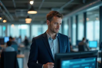 Thibault Richelme analyste les défis de la transformation digitale devant des écrans de données dans un open space moderne