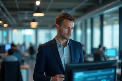 Thibault Richelme analyste les défis de la transformation digitale devant des écrans de données dans un open space moderne