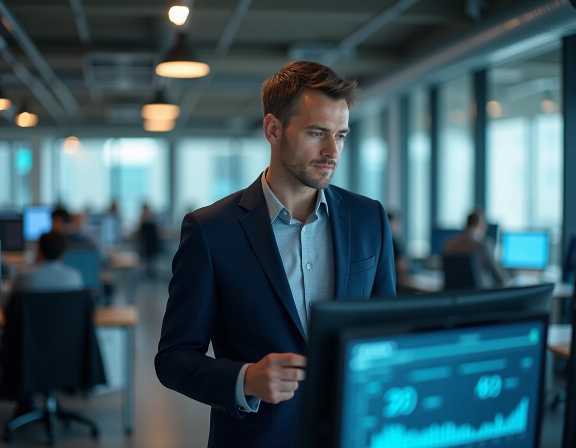 Thibault Richelme analyste les défis de la transformation digitale devant des écrans de données dans un open space moderne