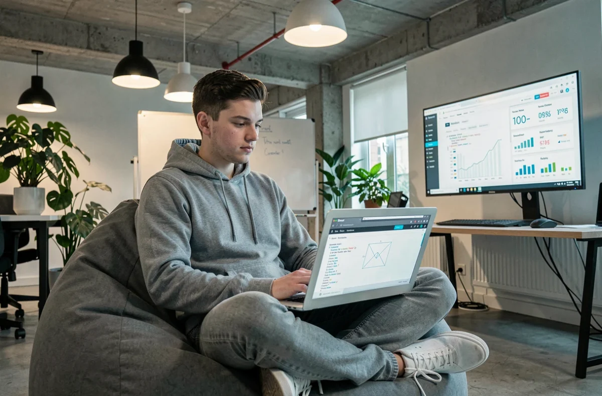 Développeur web masculin travaillant sur un prototype de site web et des métriques marketing dans une agence digitale moderne à Rouen